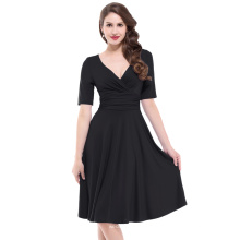 Belle Poque Stock Retro Vintage Casual Preto manga curta V-Neck Vintage vestido 50s BP000006-1